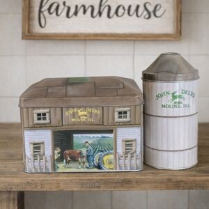 Vintage John Deere Barn & Silo Tin Coin Bank | The Tin Box Company | Farmhouse